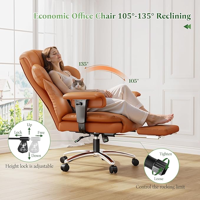 Ergonomic Office Chair with Foot Rest and Arms,Big and Tall Leather Executive Office Chair with Wide&Deep Seat Thickened,Reclining Comfy Desk Chair with High Back and Lumbar Support,Brown