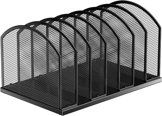 7-Section Metal Upright File Sorter Organizer，Office Small Letter Sorter Desktop File Organizer Metal Mesh Iron Sole, Black