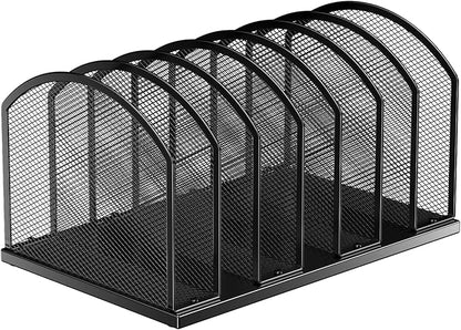 7-Section Metal Upright File Sorter Organizer，Office Small Letter Sorter Desktop File Organizer Metal Mesh Iron Sole, Black