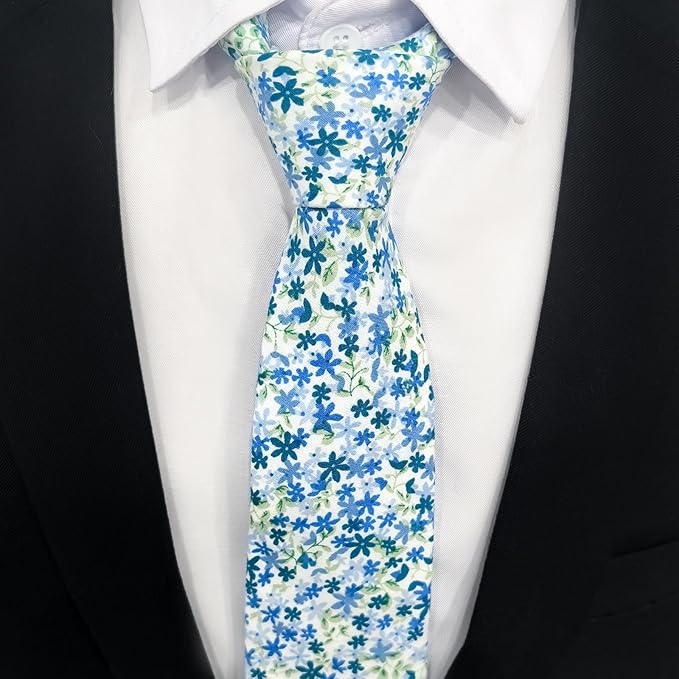 Cotton Floral Ties for Men 2.76" Men's Skinny Tie Linen Flower Printed Neck Tie for Wedding Dating Party