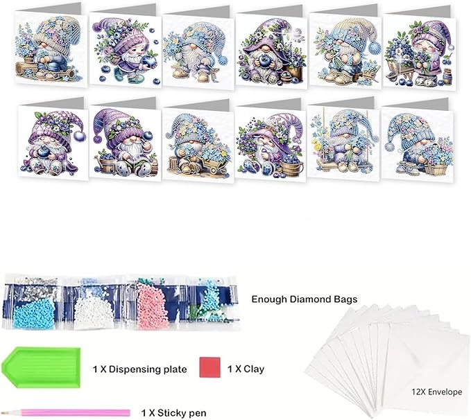 jinglinhh 12pcs Diamond Art Painting Lavender Blueberry Gnome Greeting Cards with Envelopes, DIY Card Making Kits for Adults, Diamond Art Postcards Christmas Cards Craft Gifts