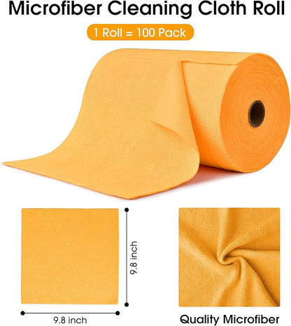 KitchLife Microfiber Cleaning Cloth Roll, 100 Pack - Tear-Away Microfiber Paper Towels, Lint-Free, Reusable, Washable for Kitchen, Car, Dishes, and Sensitive Surfaces (Tangerine Yellow)