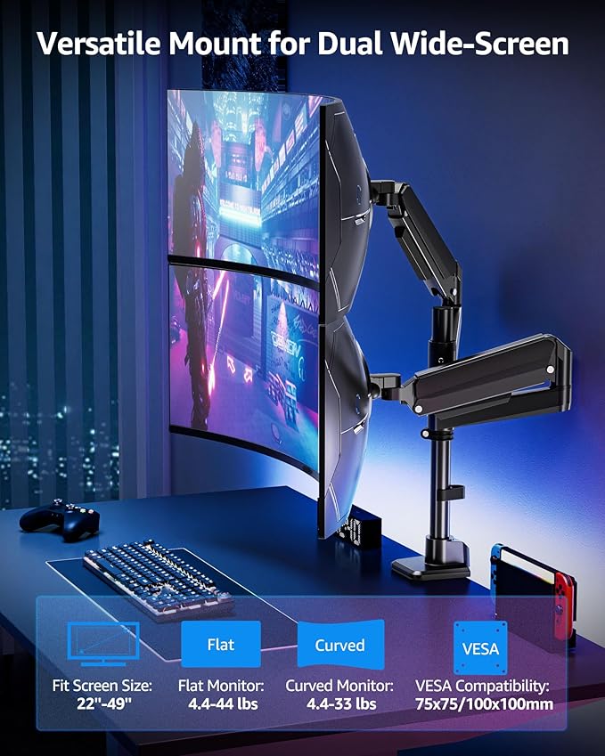 MOUNTUP Dual Monitor Stand Fits 49 45 42 40 39 34 32 Inch Screens, Heavy Duty Dual Monitor Arm Holds 4.4-44 lbs, Vertical Stacked Monitors Mount, Full Motion, Height Adjustable, VESA Mount