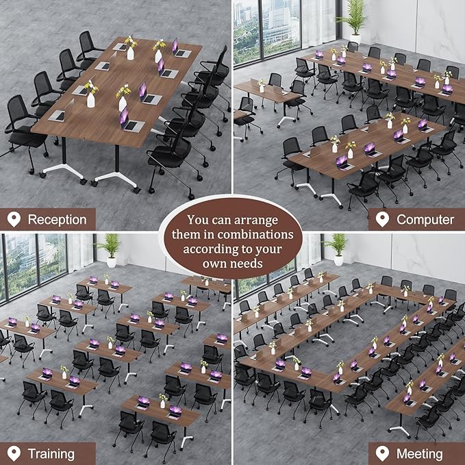 Folding Conference Table Modern Large Mobile Meeting Table Rolling Conference Room Tables with Wheels Seminar Tables for Office Training Classroom (10, Walnut, 63" D X 19.7" W X 29.5" H)