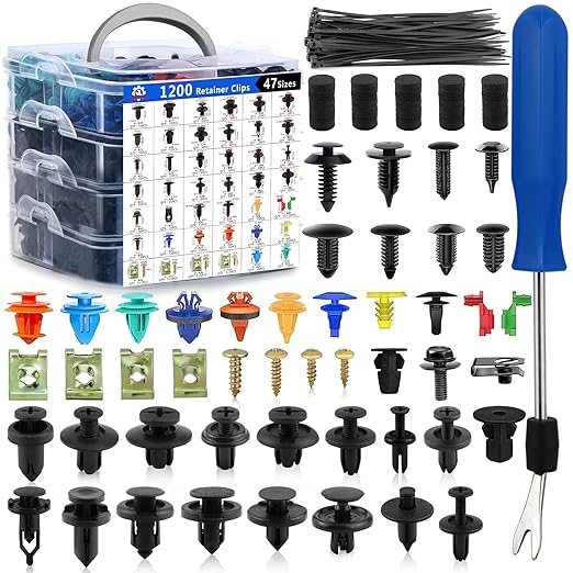 Car Push Retainer Clips Screw Assortment Kit 1351PCS-42 Most Popular Sizes Door Panel Trim Screw Clips Nylon Bumper Fender Rivets with Blue Fasteners for Ford GM Toyota Honda Chrysler