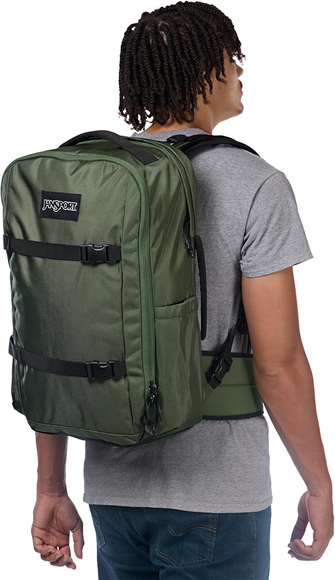 JanSport Venture Pack – Travel Pack With Large Main Compartment with Compression Straps, Dual Water Bottle Pockets, Padded Hip Belt & Luggage Trolley Pass-Through, Cargo Green