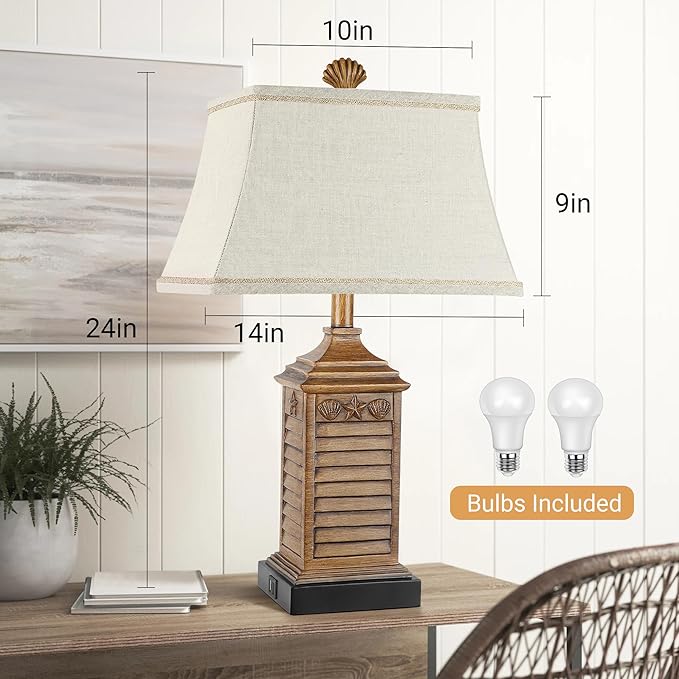 Table Lamps Set of 2 Coastal Beach Living Lamps for Bedroom with Dual USB Ports and One AC Outlet Brown Tropical Nautical Nightstand Bedside Lamps for End Table Home Decor with LED Bulbs