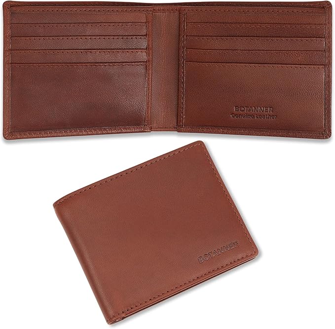 Genuine Leather Mens Bifold Wallet | RFID Blocking, 8 Credit Card Slots, 2 Sections for Bills & 2 Additional Slots | Dark walnut brown