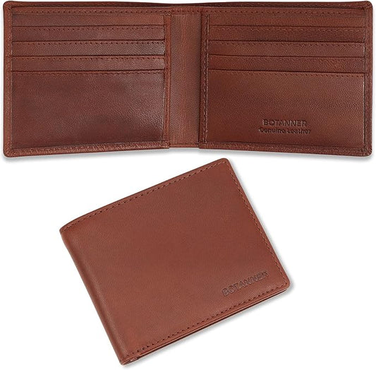 Genuine Leather Mens Bifold Wallet | RFID Blocking, 8 Credit Card Slots, 2 Sections for Bills & 2 Additional Slots | Dark walnut brown