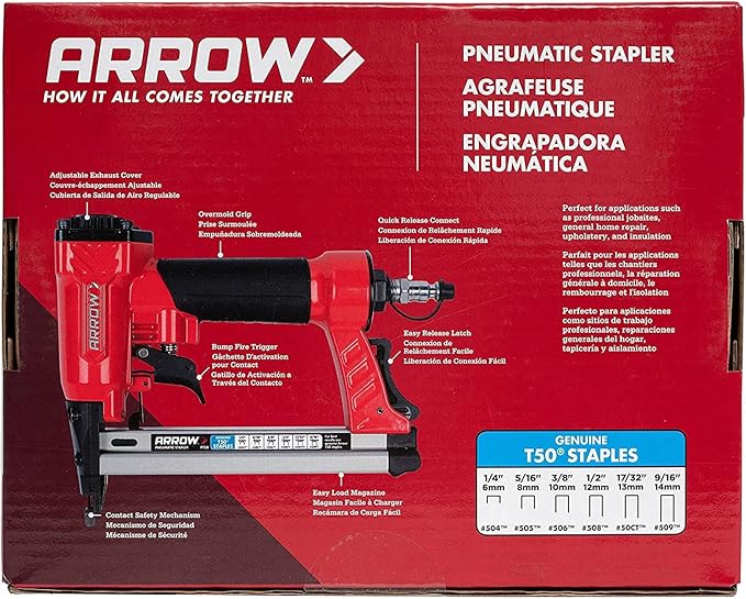 Arrow PT50 Oil-Free Pneumatic Staple Gun, Professional Heavy-Duty Stapler for Wood, Upholstery, Carpet, Wire Fencing, Fits 1/4”, 5/16”, 3/8", 1/2", 9/16” Staples, Red (Pack of 3)