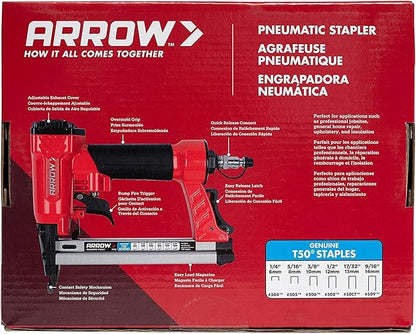 Arrow PT50 Oil-Free Pneumatic Staple Gun, Professional Heavy-Duty Stapler for Wood, Upholstery, Carpet, Wire Fencing, Fits 1/4”, 5/16”, 3/8", 1/2", 9/16” Staples, Red (Pack of 3)