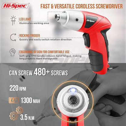 Hi-Spec 19pc 3.6V USB Small Power Screwdriver & Home DIY Tool Kit Set. Cordless & Rechargeable Electric Screwdriver and Compact Hand Tool Box Set,Red
