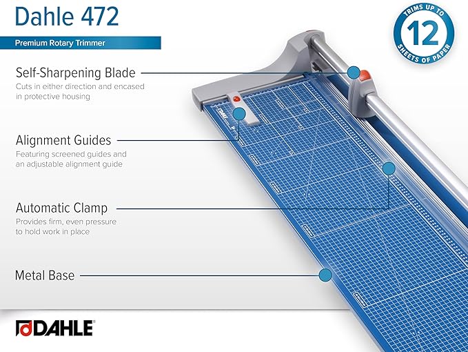Dahle 472 Premium Rolling Trimmer, 72" Cut Length, 12 Sheet Capacity, Self-Sharpening, Automatic Clamp, German Engineered Paper Cutter