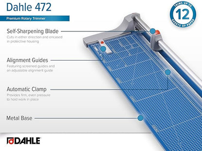 Dahle 472 Premium Rolling Trimmer, 72" Cut Length, 12 Sheet Capacity, Self-Sharpening, Automatic Clamp, German Engineered Paper Cutter