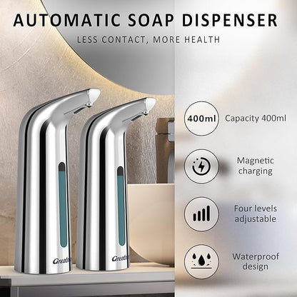 Convenient Automatic Soap Dispenser,4 Adjustable Levels Touchless Hand Sanitizer Pump with Infrared Sensor, 400 ml Countertop Electric Soap Dispenser for Bathroom,Kitchen (Silver+Silver)