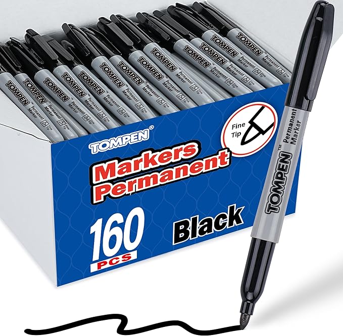 Black Permanent Markers Fine Tip 160 Pack Bulk,Use for Halloween,Waterproof Permanent Marker Pens with Quick Drying on Wood,Plastic,Paper,Metal,Mirror for Office School Classroom Home