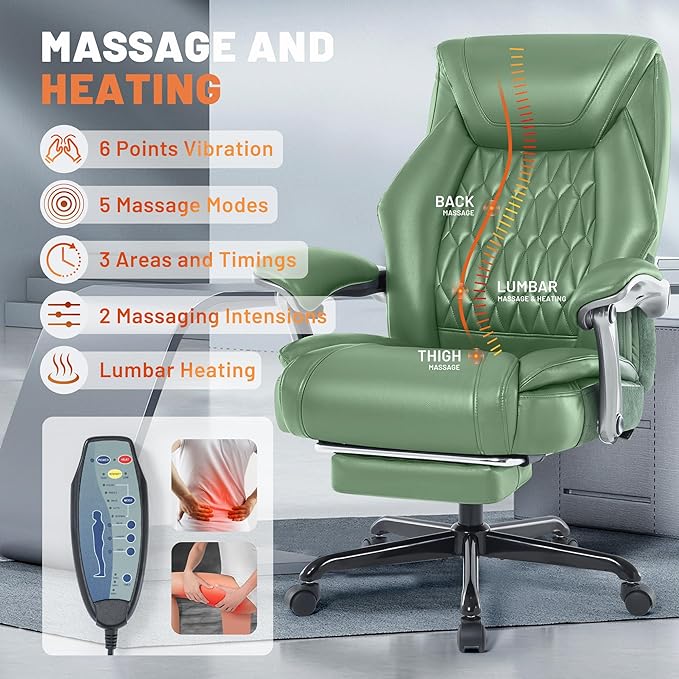 Massage Office Chair with Heating Function & Footrest, 6-Point Vibration, Ergonomic Executive Reclining Desk Chair with Padded Seat for Relaxation, Comfort & Stress Relief
