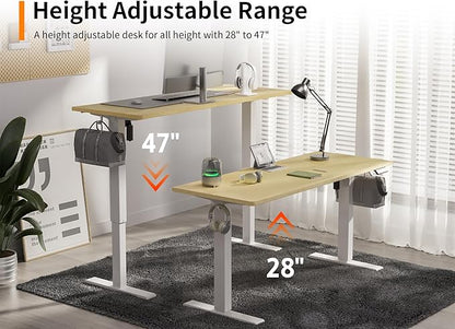 48x24 Inches Height Adjustable Electric Standing Desk with 2 Hooks for Home Office, Ergonomic Sit Stand up Desk with Splice Board, Oak