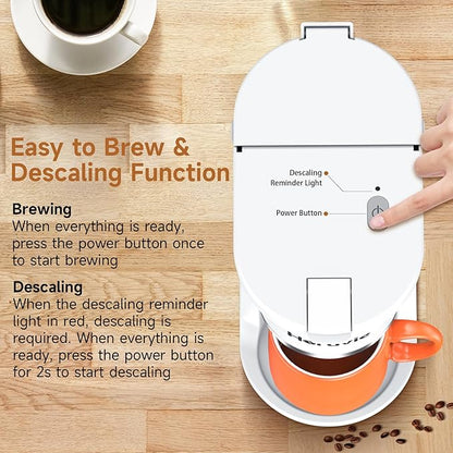 Small Single Serve Coffee Maker, Fast Brew One Cup Coffee Machine for K Cup and Grounds, 6 to 12 oz. Brew Sizes, Capsule Coffee Machine with Descaling Reminder and Viewing Tank, White