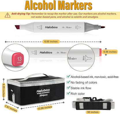 264 Alcohol Markers, Dual Tip Fine & Broad Drawing Markers Alcohol Marker Set with Case, Art Marker for Adults Coloring Artists Drawing Sketching Card Making and Illustration