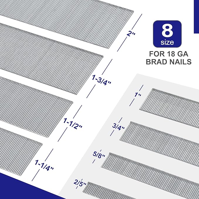 HW HAMWOO 18 Gauge 1600PCS Galvanized Brad Nails (2/5"-200,5/8"-200,3/4"-200,1"-200,1-1/4"-200,1-1/2"-200,1-3/4"-200,2"-200), Suitable for Most Brand of 18 Gauge Pneumatic and Electric Brad Nailer