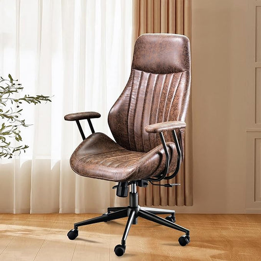 Mid Century Modren Office Chair - High Back Swivel Executive Chair with Lumbar Support,Ergonomic Computer Desk Chair with Wheels,Faux Lether Suede Task Chair,350lbs(Dark Brown, High Back)