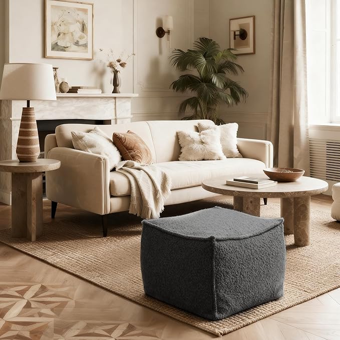 Square Boucle Pouf Ottoman Footrest – Soft & Lightweight Footstool with Foam Filling for Living Room & Bedroom, Laid-Back Lounge Style