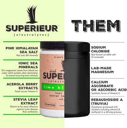 Superieur Electrolytes–Plant Based Electrolyte Supplement w/Sea Minerals for Hydration & Recovery–Keto Friendly, Non-GMO, Zero Sugar, Vegan, Healthy Sports Drink Powder–Lime Blueberry (70 Servings)