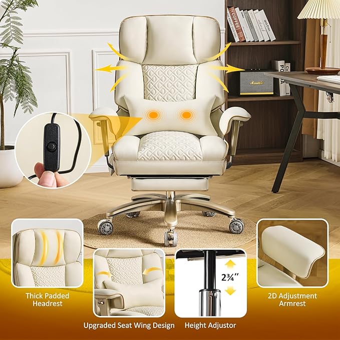 Ergonomic Executive Office Desk Chair with Adjustable Air Lumbar Support, Luxury Boss Chair with High-Back Leather Recliner, 3-Level Tilt Lock, 360° Swivel, Silent Wheels & Height Adjustment,Beige