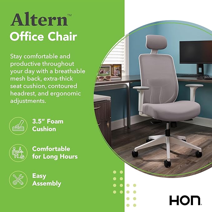 HON Altern Ergonomic Office Chair with Headrest, Arms, Wheels, Foam Cushion Seat, Mid Back Home Office Desk Chair Comfy, Height Adjustable Arms, Synchro-Tilt, White Frame, Apricot
