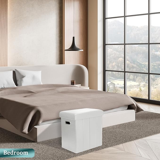 Tall Ottoman with Storage, Faux Leather Collapsible Slim Folding Ottoman Furniture with Handles Lid for Room Footrest Foot Stool, White 16.5x16.5x11.8in