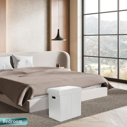 Tall Ottoman with Storage, Faux Leather Collapsible Slim Folding Ottoman Furniture with Handles Lid for Room Footrest Foot Stool, White 16.5x16.5x11.8in