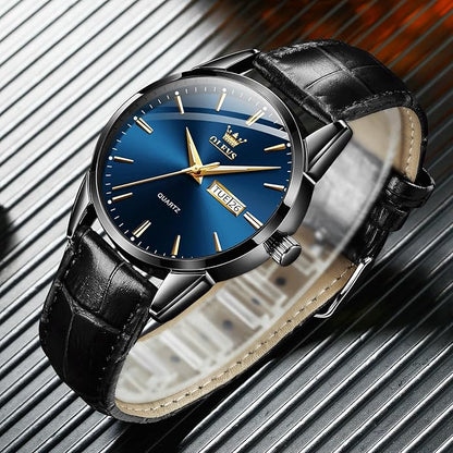 Men's Casual Leather Watch, Easy to Read Three-Hand Analog Stainless Steel Watches for Men, Minimalist Day Date Waterproof Luminous Mens Quartz Wristwatch