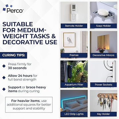 Perco Nano Double Sided Tape Squares, Clear Tape, 30 2"x2" Pre-Cut Mounting Squares – Strong Adhesive for Medium Items, Wall Décor, Mirrors, Posters, Photos, Crafts, Home, Office, DIY Projects