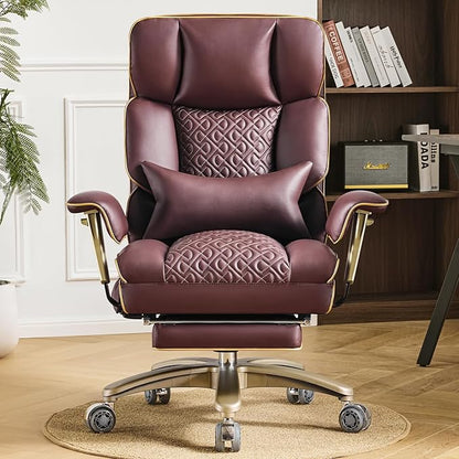 Ergonomic Executive Desk Chair with Adjustable Air Back Support, Luxury PU Leather Office Chair with Lumbar Massage High-Back 3-Level Tilt 360° Swivel Silent Wheels Height Adjustment,Footrest, Brown