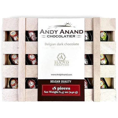 Andy Anand Chocolatier European liqueur Flavored Dark Chocolate Bottles - Filled with Top-Shelf Liquor, Gluten Free Assorted Liquor Flavors, Liqueur Center Filled Chocolate in Wooden Gift Box (18Pcs)