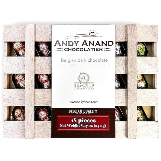Andy Anand Chocolatier European liqueur Flavored Dark Chocolate Bottles - Filled with Top-Shelf Liquor, Gluten Free Assorted Liquor Flavors, Liqueur Center Filled Chocolate in Wooden Gift Box (18Pcs)