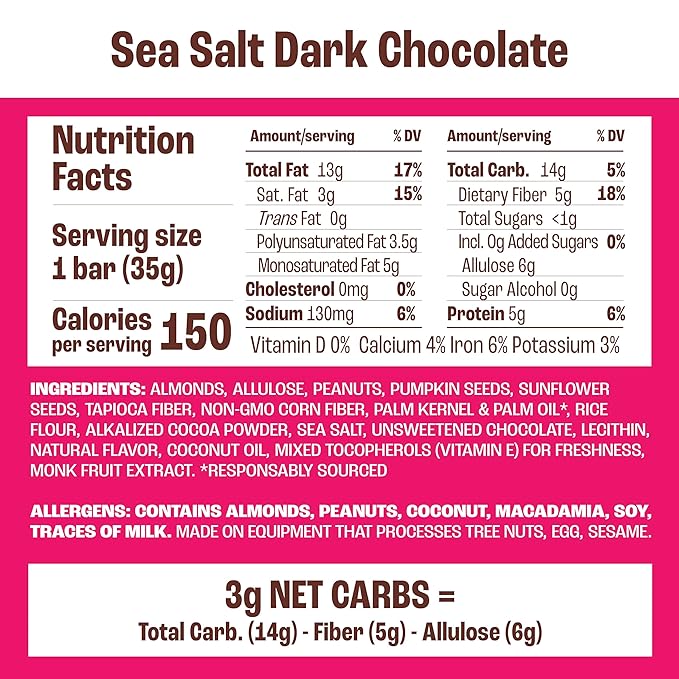 Munk Pack Sea Salt Dark Chocolate Nut & Seed Snack Bars Stocking Stuffers | 5g Protein, 1g Sugar, 3g Net Carbs | Plant-Based, Low Sugar, Non-GMO, Gluten-Free, Snacks | 24 Count (4.92 oz)