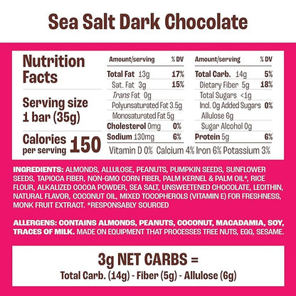 Munk Pack Sea Salt Dark Chocolate Nut & Seed Snack Bars Stocking Stuffers | 5g Protein, 1g Sugar, 3g Net Carbs | Plant-Based, Low Sugar, Non-GMO, Gluten-Free, Snacks | 24 Count (4.92 oz)