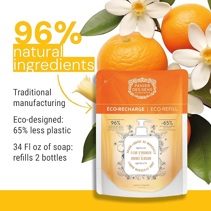 Panier des Sens - Liquid Hand Soap Refills – Orange Blossom Foaming Hand Soap Refill – French Coconut Oil Moisturizing Hand Wash - Kitchen & Bathroom Hand Wash- Soft Soap Refill 96% Natural - 34 Floz
