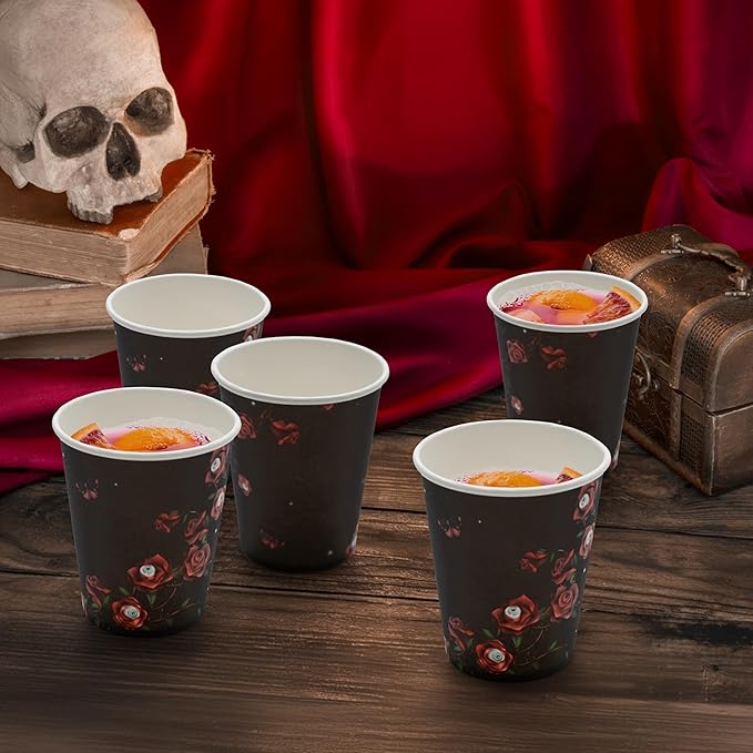 Cheerland Halloween Disposable Paper Cups Red Rose Eyeball Skull Skeleton Disposable Tableware for Halloween Gothic Spooky Birthday Celebration Emo Party Supplies 50pcs