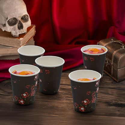 Cheerland Halloween Disposable Paper Cups Red Rose Eyeball Skull Skeleton Disposable Tableware for Halloween Gothic Spooky Birthday Celebration Emo Party Supplies 50pcs