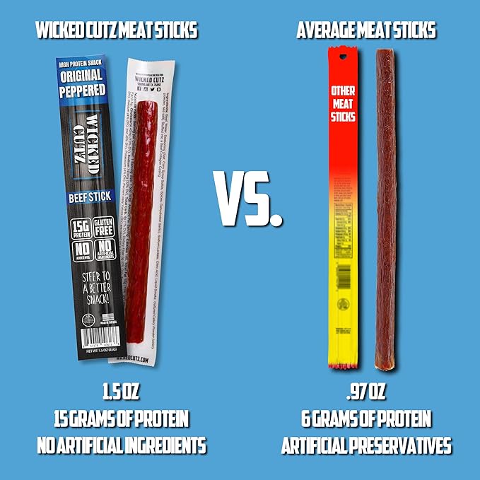Wicked Cutz Beef Sticks Variety Pack, 4 Flavors & 15g Protein Per Meat Stick, Tender & Easy to Chew USA Made High Protein Meat Sticks, Extra Large Beef Stick, Carnivore Snacks (48 Pack)