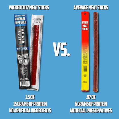 Wicked Cutz Beef Sticks Variety Pack, 4 Flavors & 15g Protein Per Meat Stick, Tender & Easy to Chew USA Made High Protein Meat Sticks, Extra Large Beef Stick, Carnivore Snacks (48 Pack)