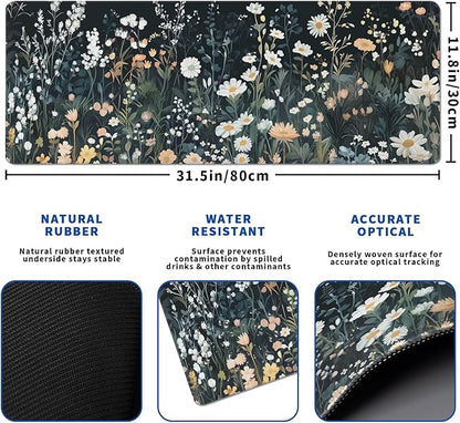 Flower Mouse Pad Abstract Black Mouse Pad 31.5x11.8 Inch Floral Texture Non-Slip Rubber Base Large Weeds Mousepad Stitched Edges Keyboard Mouse Mat Desk Pad for Office and Home