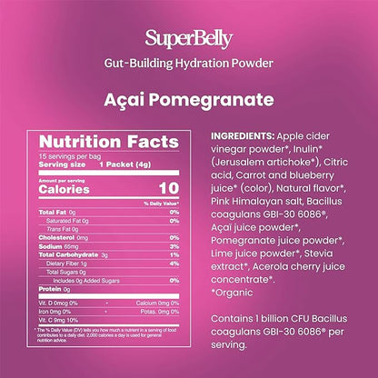 Blume SuperBelly Gut Health and On-The-Go Hydration Packets, GLP-1 Friendly, Sugar-Free, with Prebiotics, Probiotics, Apple Cider Vinegar, Vitamin C, and Electrolytes, Açai Pomegranate, 15 Sticks