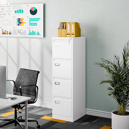 4 Drawer File Cabinet with Lock Metal Filling Cabinet Vertical Locking File Cabinets for Home Office to Hanging F4/A4 SizeA4 Legal/Letter Size, Assembly Required,White
