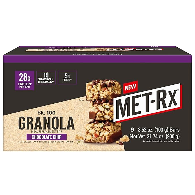 MET-Rx Big 100 Granola Protein Bar, Meal Replacement Bar, 28 G Protein, Chocolate Chip, Pack of 9