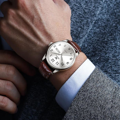 Men's Casual Leather Watch, Easy to Read Three-Hand Analog Stainless Steel Watches for Men, Minimalist Day Date Waterproof Luminous Mens Quartz Wristwatch