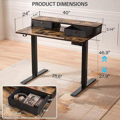 Electric Standing Desk with 2 Drawers 40''x 24'' Small Adjustable Height Sit to Stand Up Desk with Storage Shelf, C-Clamp Mount Compatible Home Office Desks Computer Gaming Table Ergonomic Workstation